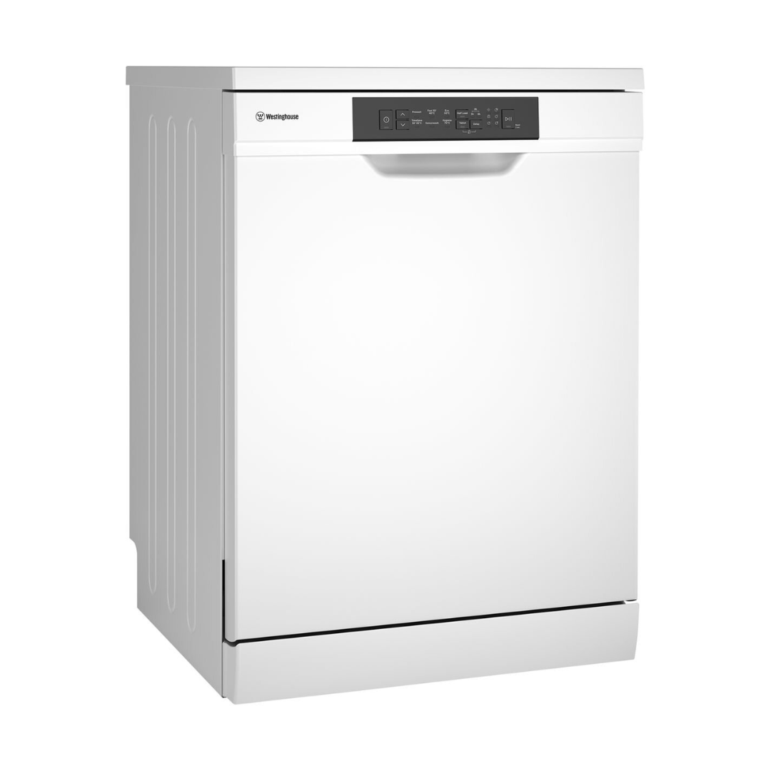 Angled view of the Westinghouse 60cm freestanding dishwasher with the door closed and the left side panel visible.