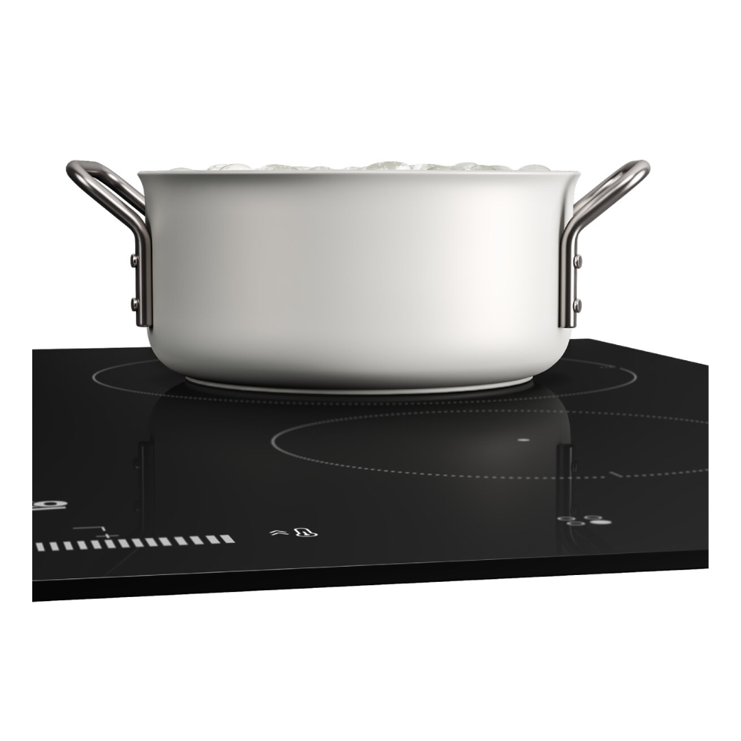 A modern Beko 60cm Induction cooktop with LED controls. A pot is on the cooktop. A white pot with boiling water in it