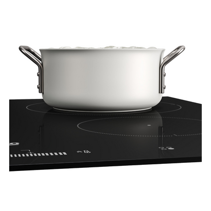 A modern Beko 60cm Induction cooktop with LED controls. A pot is on the cooktop. A white pot with boiling water in it