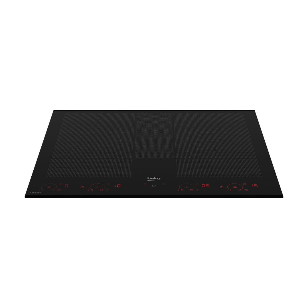 A modern Beko 60cm black glass induction cooktop with red LED touch controls is shown in use. Pictured at an angle 
