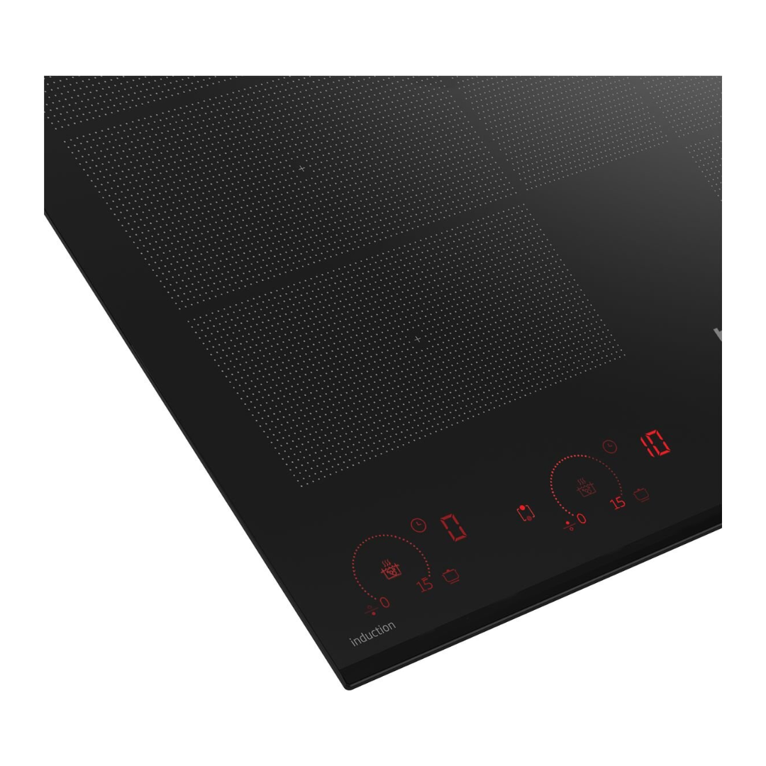A modern Beko 60cm black glass induction cooktop with red LED touch controls is shown in use. With the corner pictured