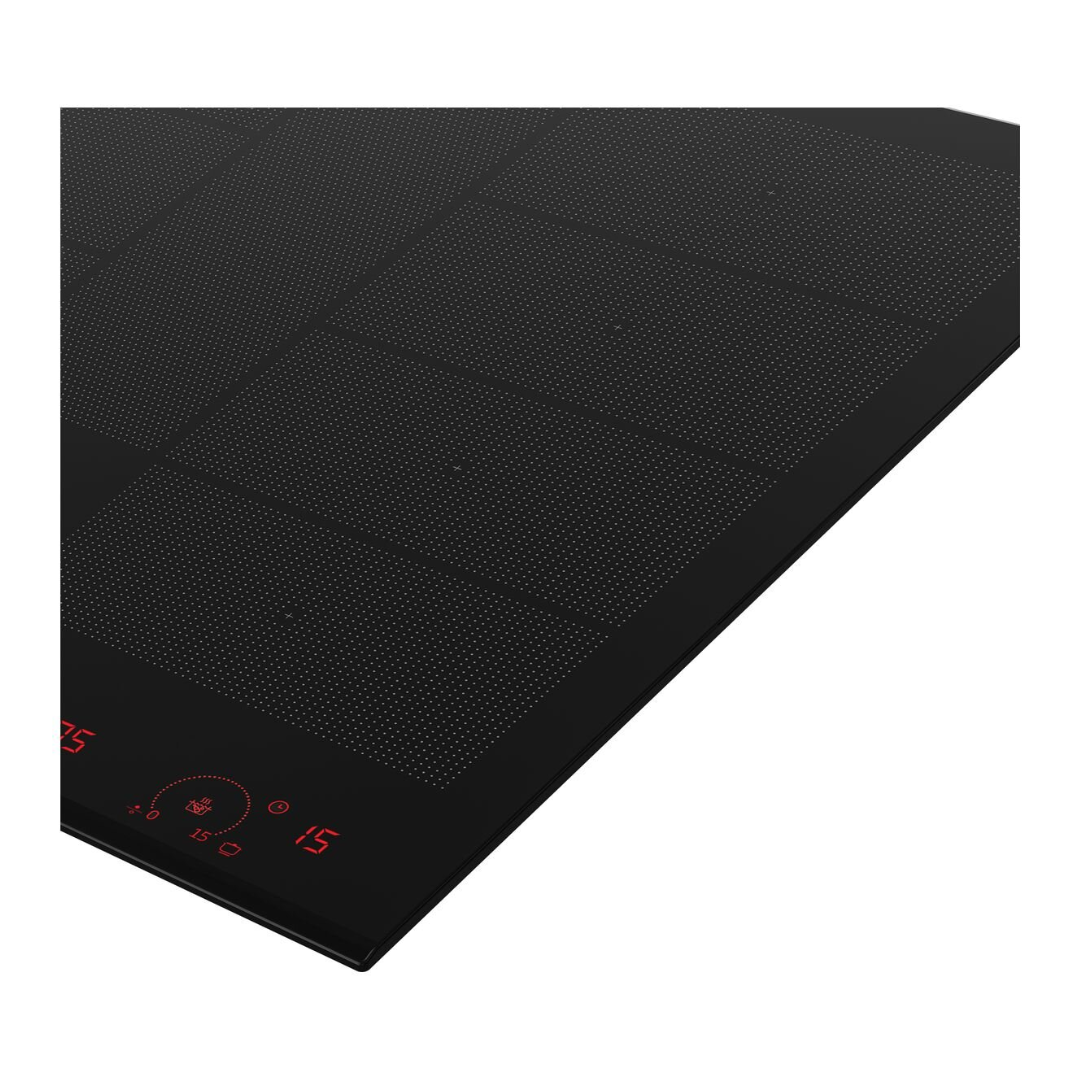 A modern Beko 60cm black glass induction cooktop with red LED touch controls is shown in use. with the corner pictured