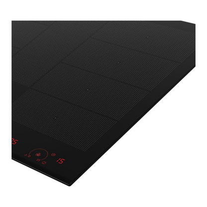 A modern Beko 60cm black glass induction cooktop with red LED touch controls is shown in use. with the corner pictured