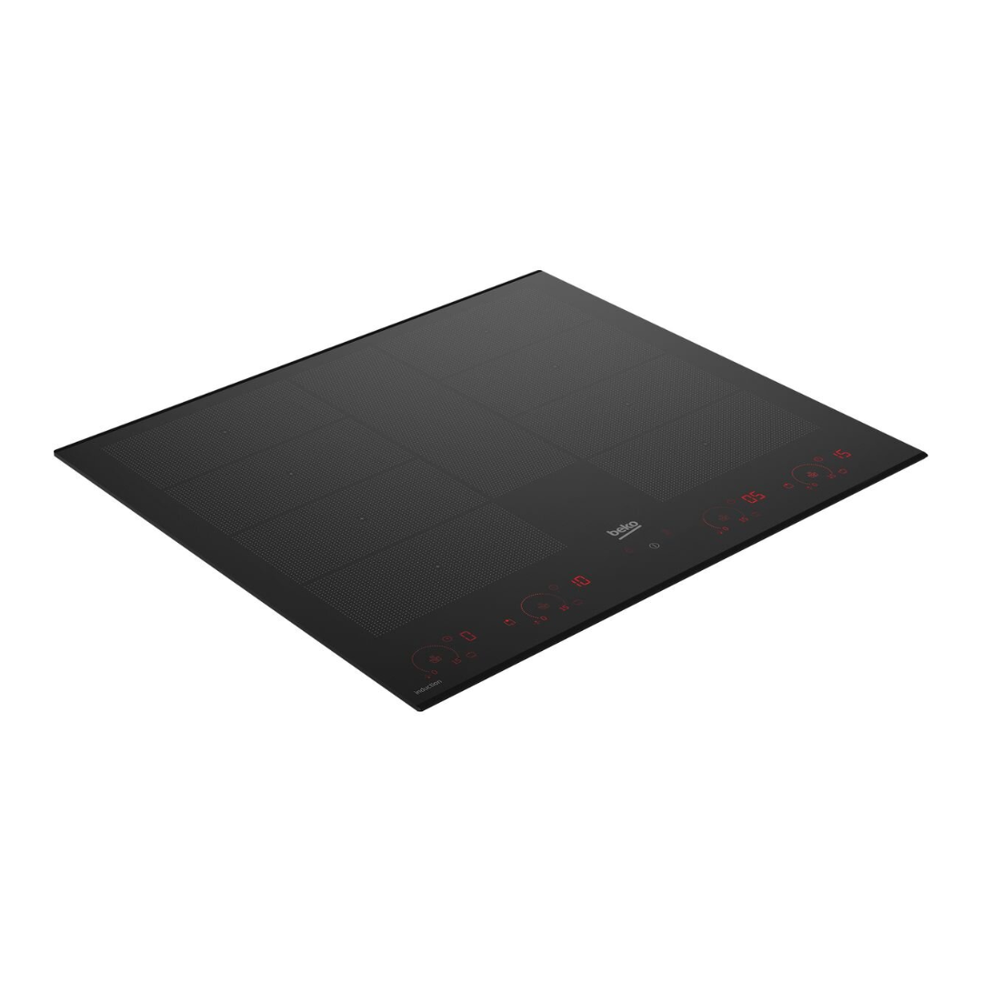 A modern Beko 60cm black glass induction cooktop with red LED touch controls is shown in use. Pictured at angle.