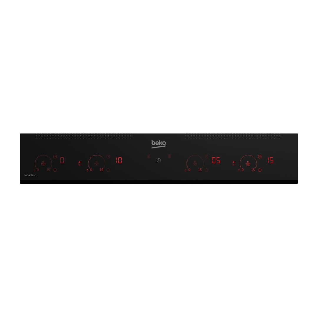A modern Beko 60cm black glass induction cooktop with red LED touch controls is shown in use. 