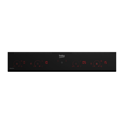 A modern Beko 60cm black glass induction cooktop with red LED touch controls is shown in use. 