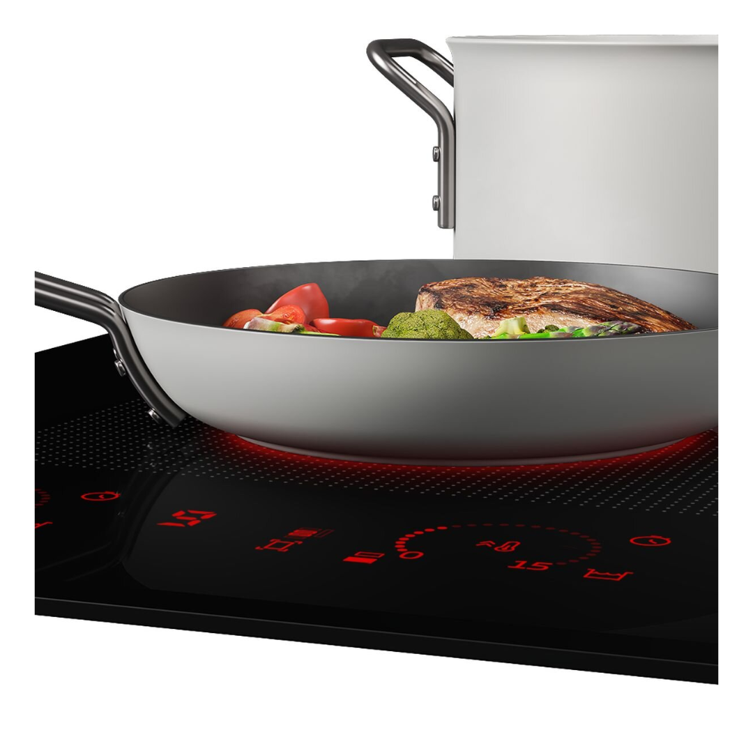 A modern Beko 60cm black glass induction cooktop with red LED touch controls is shown in use. Two pots are on the cooktop: a white pot and a silver pan with meat and vegetables on display