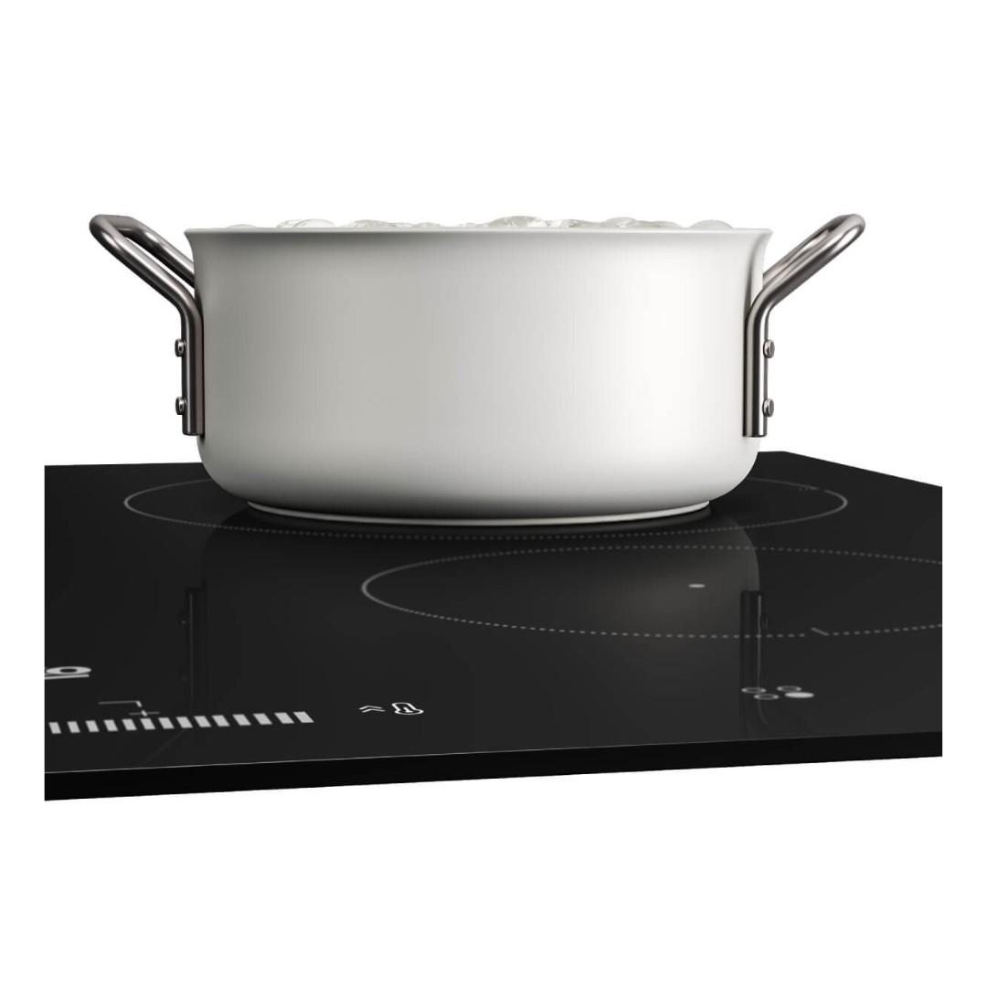 Beko 90cm 5 zone induction cooktop pictured with a pot on a big cooking zone