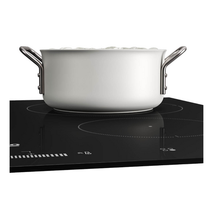 Beko 90cm 5 zone induction cooktop pictured with a pot on a big cooking zone