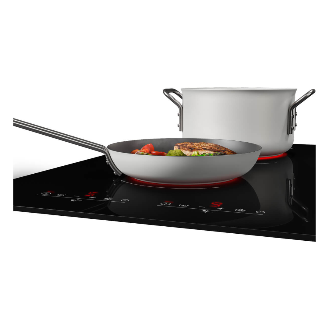 Beko 90cm 5 zone induction cooktop with a pot and pan on different cooktop zones