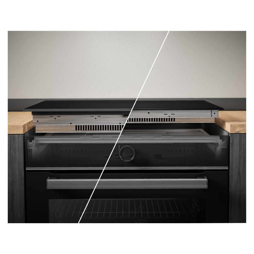 Beko 90cm 5 zone induction cooktop showcasing it's thickness for reference