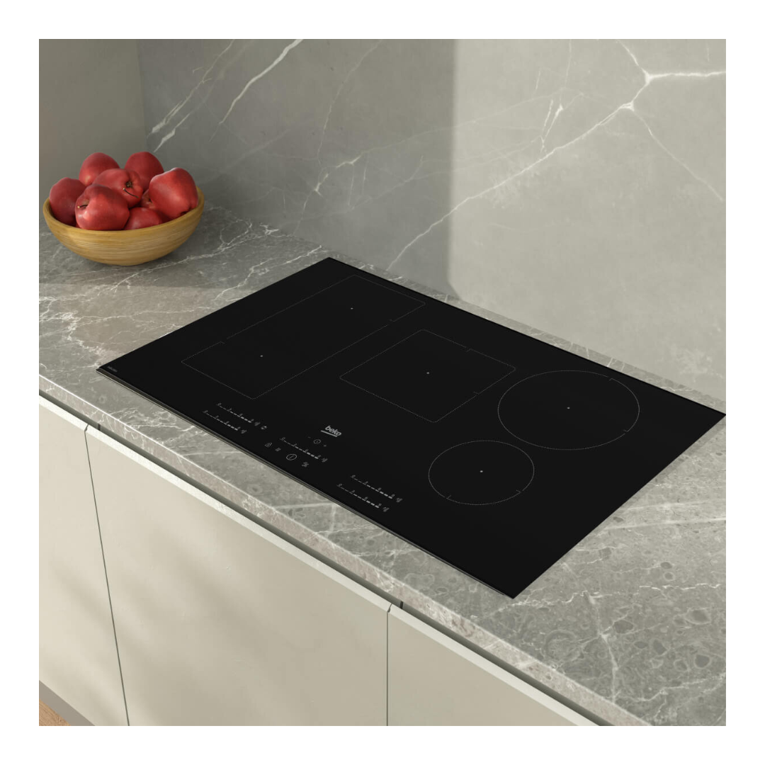 Beko 90cm 5 zone induction cooktop pictured in a modern kitchen setting