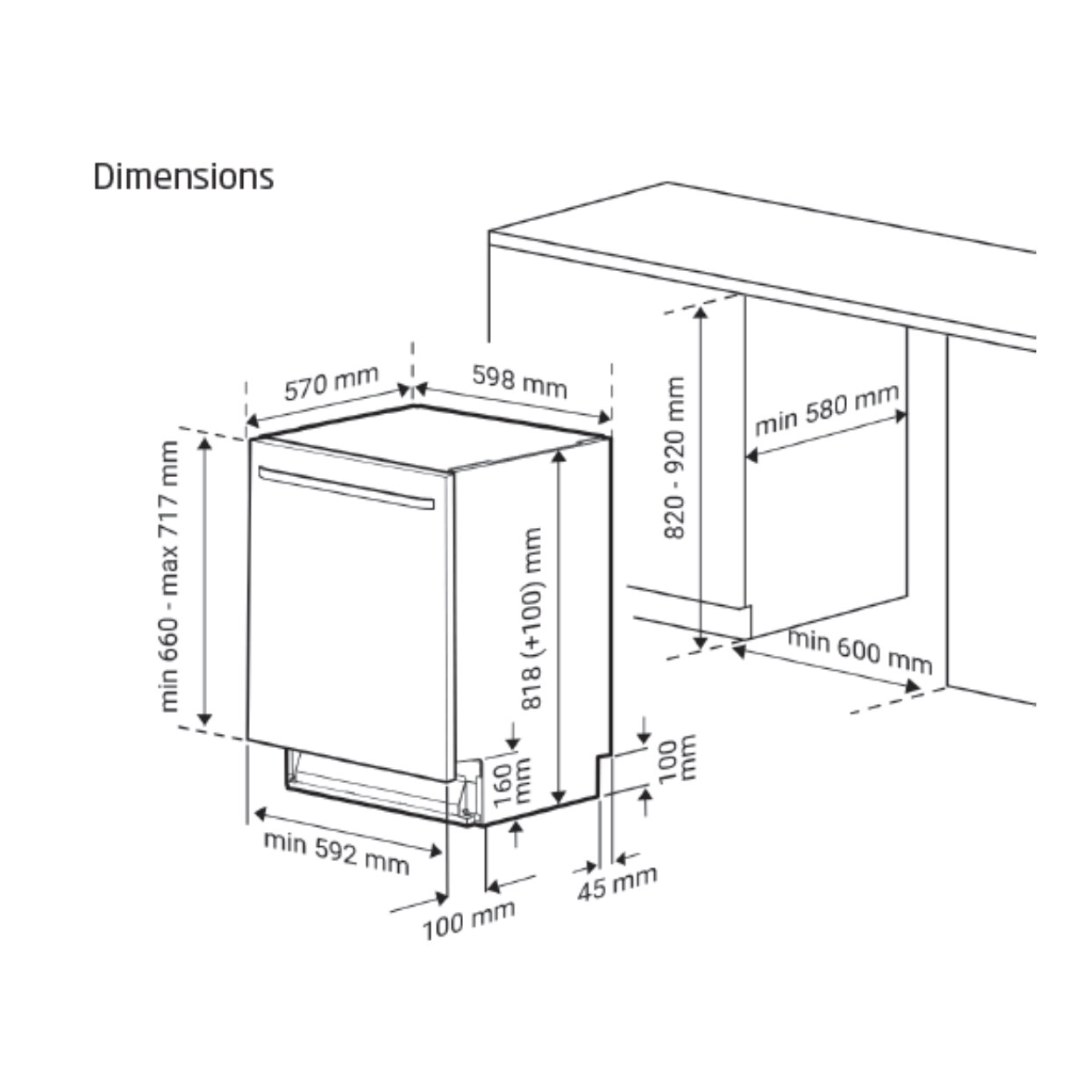 Diagram of a Beko Built-Under Dishwasher with fit out dimensions for reference