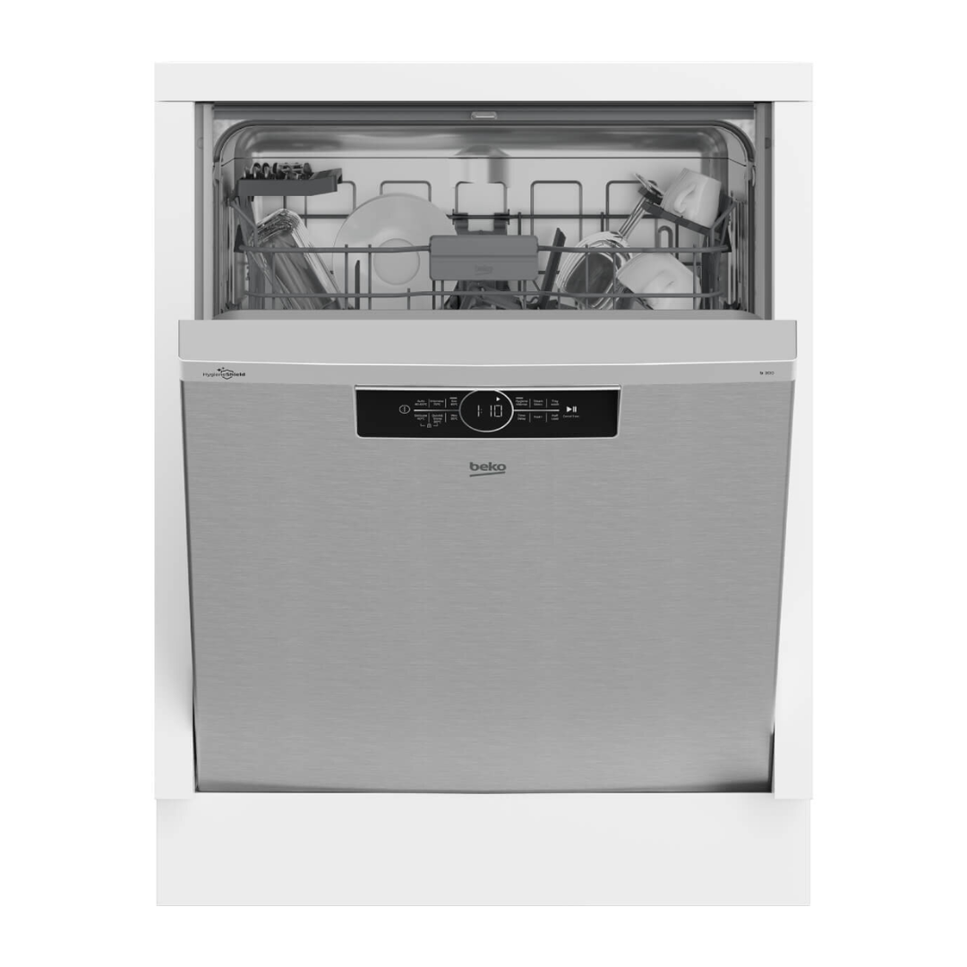 Front view of a Beko Built-Under Dishwasher with a Platinum finish with the door half open.