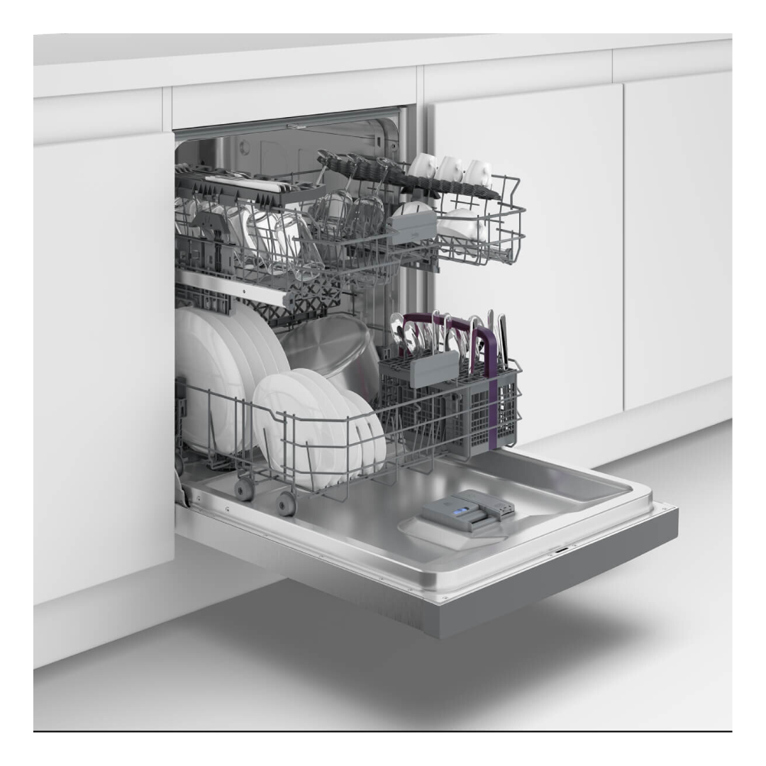 Angled view of a Beko Built-Under Dishwasher with the door and baskets open. Also showing the detergent dispenser