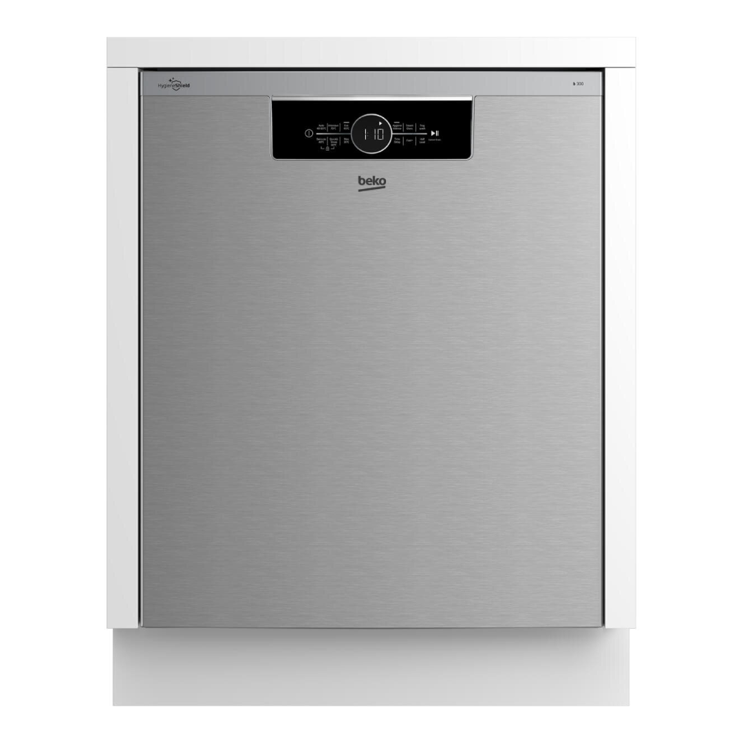 Front view of a Beko Built-Under dishwasher in a sleek stainless steel finish. The top panel features a digital display with cycle information and touch control buttons. This design is modern and fits seamlessly in a modern kitchen setting 