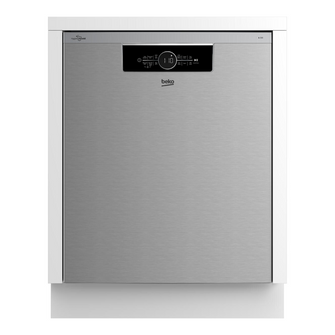 Front view of a Beko Built-Under dishwasher in a sleek stainless steel finish. The top panel features a digital display with cycle information and touch control buttons. This design is modern and fits seamlessly in a modern kitchen setting 