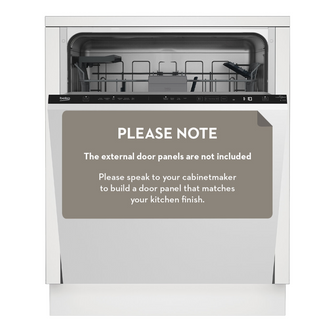 Beko 14 Place Setting Fully Integrated Dishwasher with a notice about external door panels on a white background