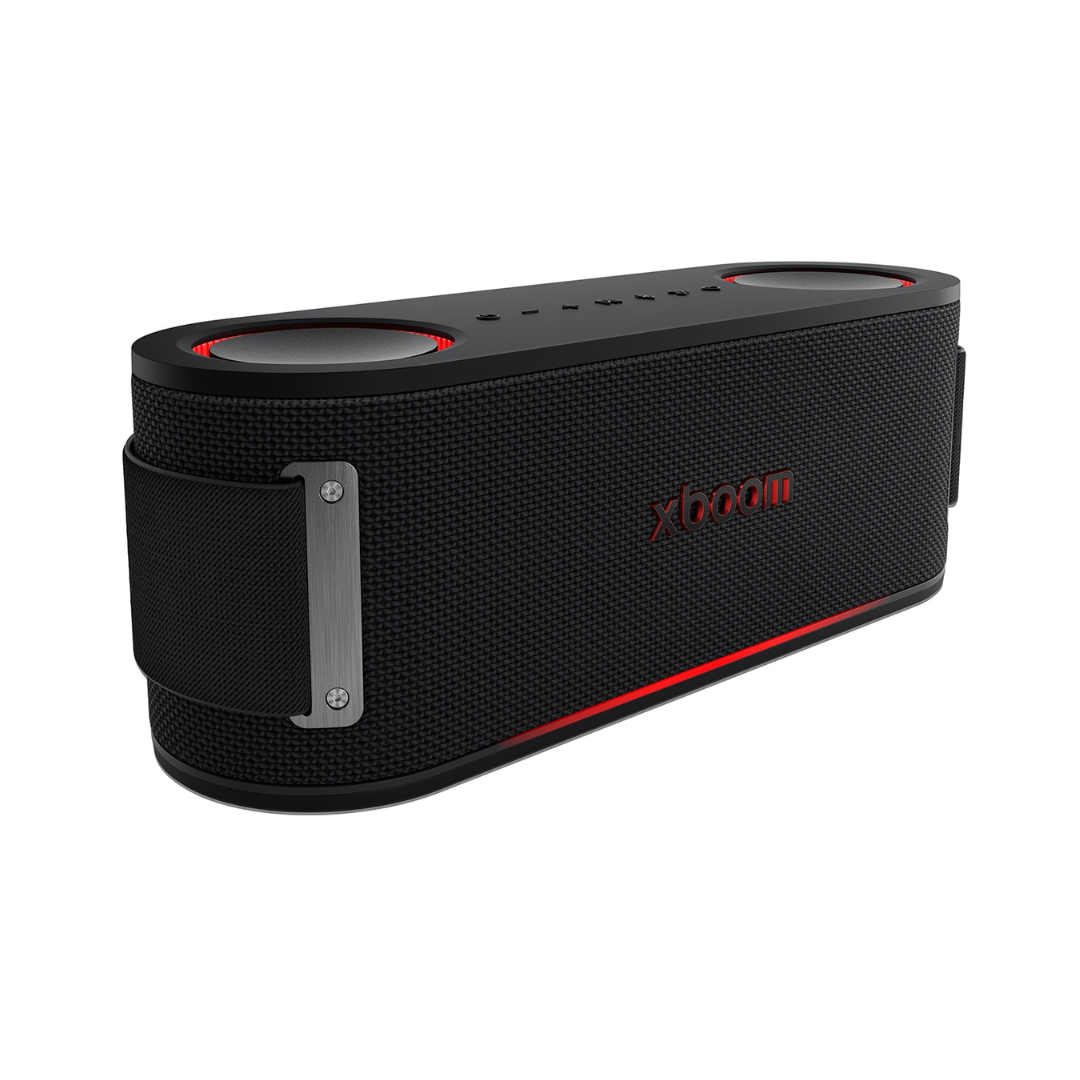 Black LG Bounce xboom portable speaker at an angle on a white background. 