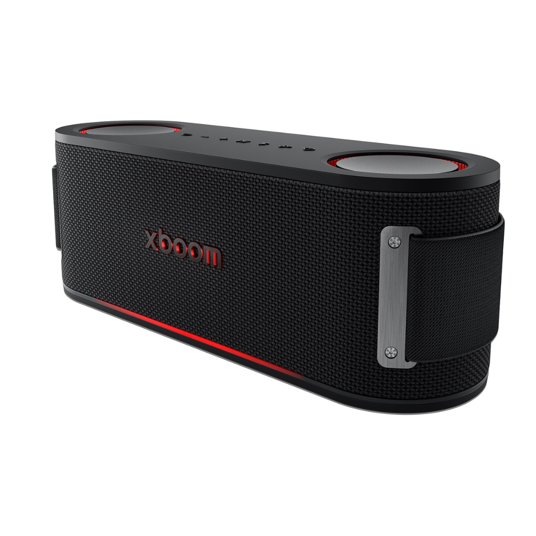 Black LG Bounce xboom portable speaker at an angle on a white background. 