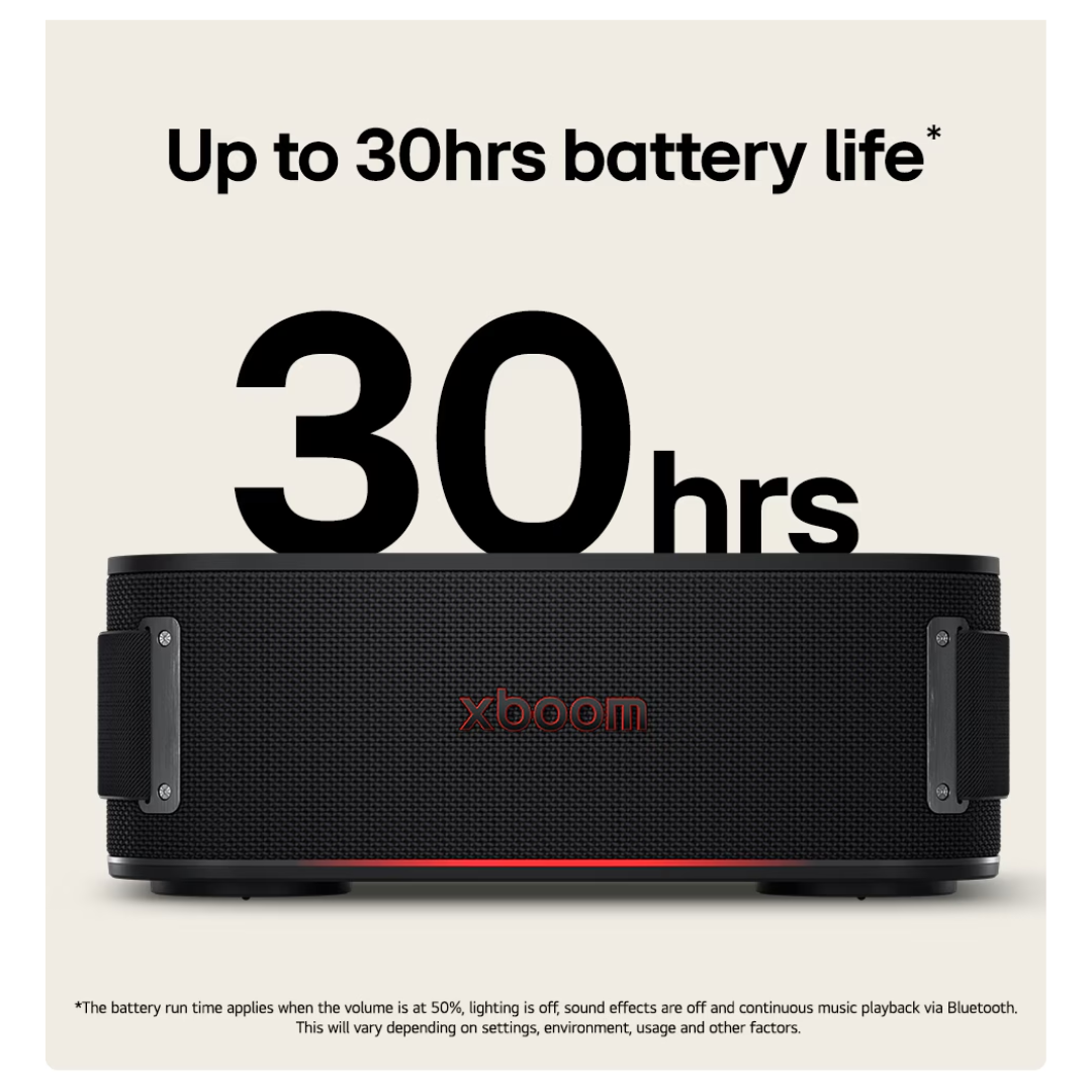 Black LG Bounce xboom portable speaker showing its 30hr battery life on a beige background. 
