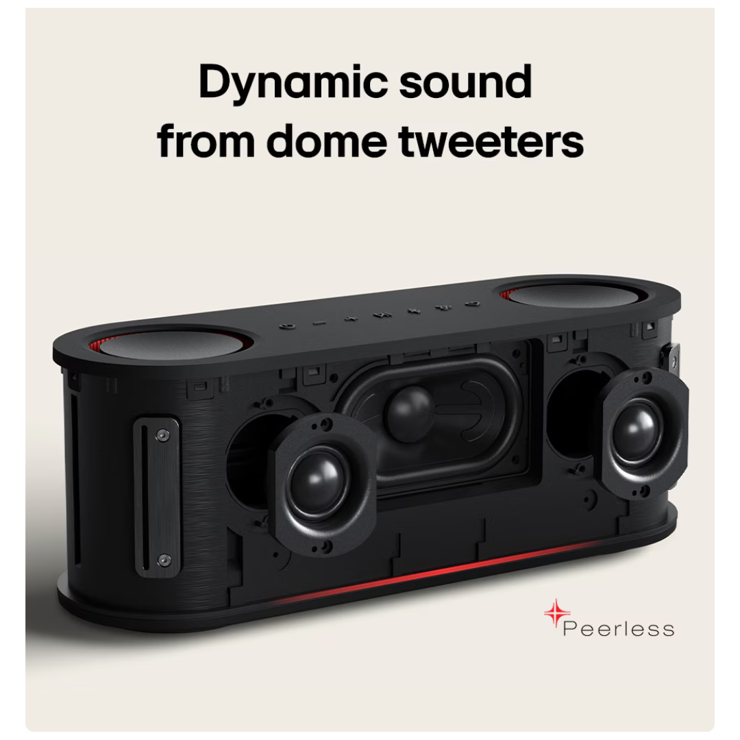 Black LG Bounce xboom portable speaker, peerless technology - dynamic sound from dome tweeters on a beige background. 