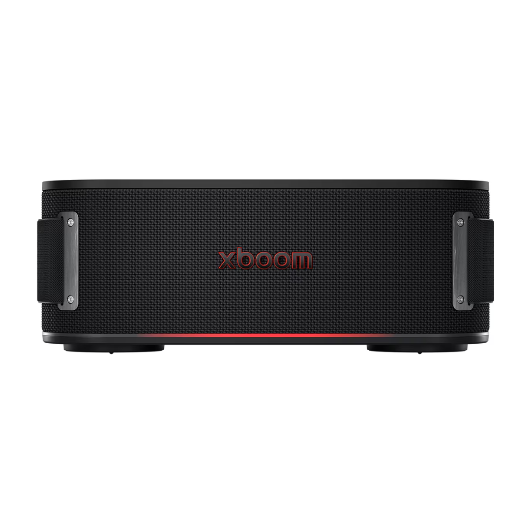 Black LG Bounce xboom portable speaker front on a white background. 