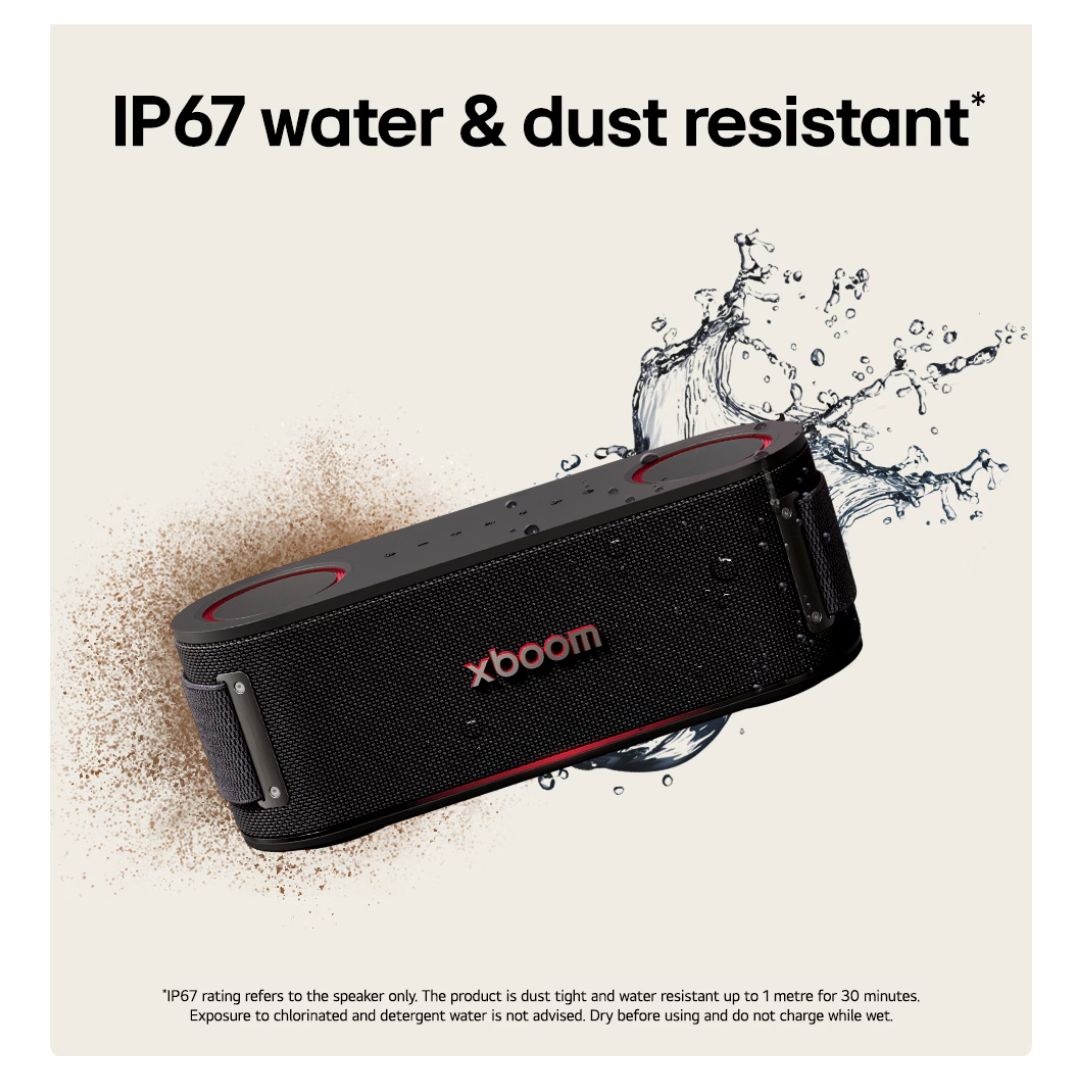 Black LG Bounce xboom speaker with water splashes on a beige background