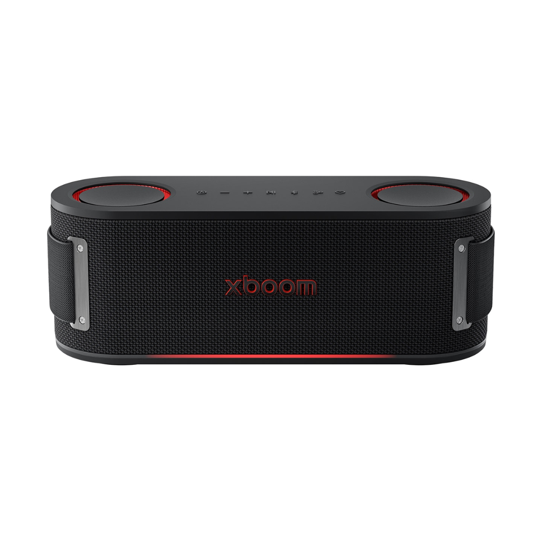 Black LG Bounce xboom portable speaker front view on a white background. 