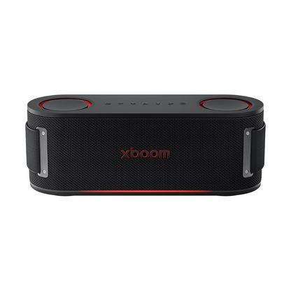 Black LG Bounce xboom portable speaker front view on a white background. 