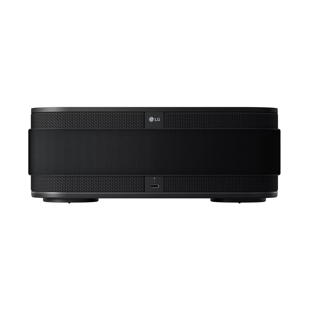Black LG Bounce xboom portable speaker back view showing the charging port on a white background. 