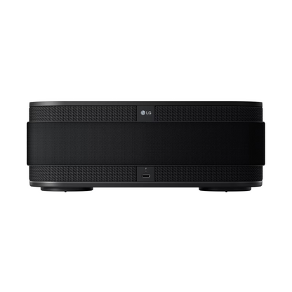 Black LG Bounce xboom portable speaker back view showing the charging port on a white background. 