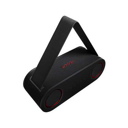 Black LG Bounce xboom portable speaker at an angle show casing it's strap. 