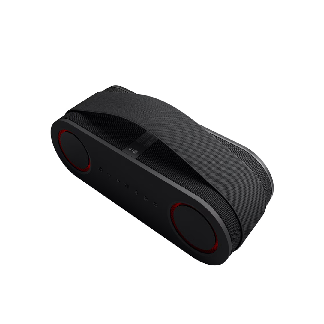 Black LG Bounce portable speaker at angle showcasing the strap on a white background. 