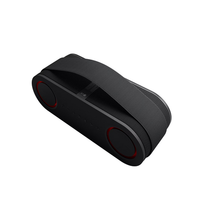 Black LG Bounce portable speaker at angle showcasing the strap on a white background. 
