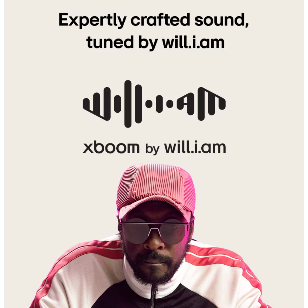 Person wearing a pink cap and sunglasses with 'xboom by will.i.am' branding.