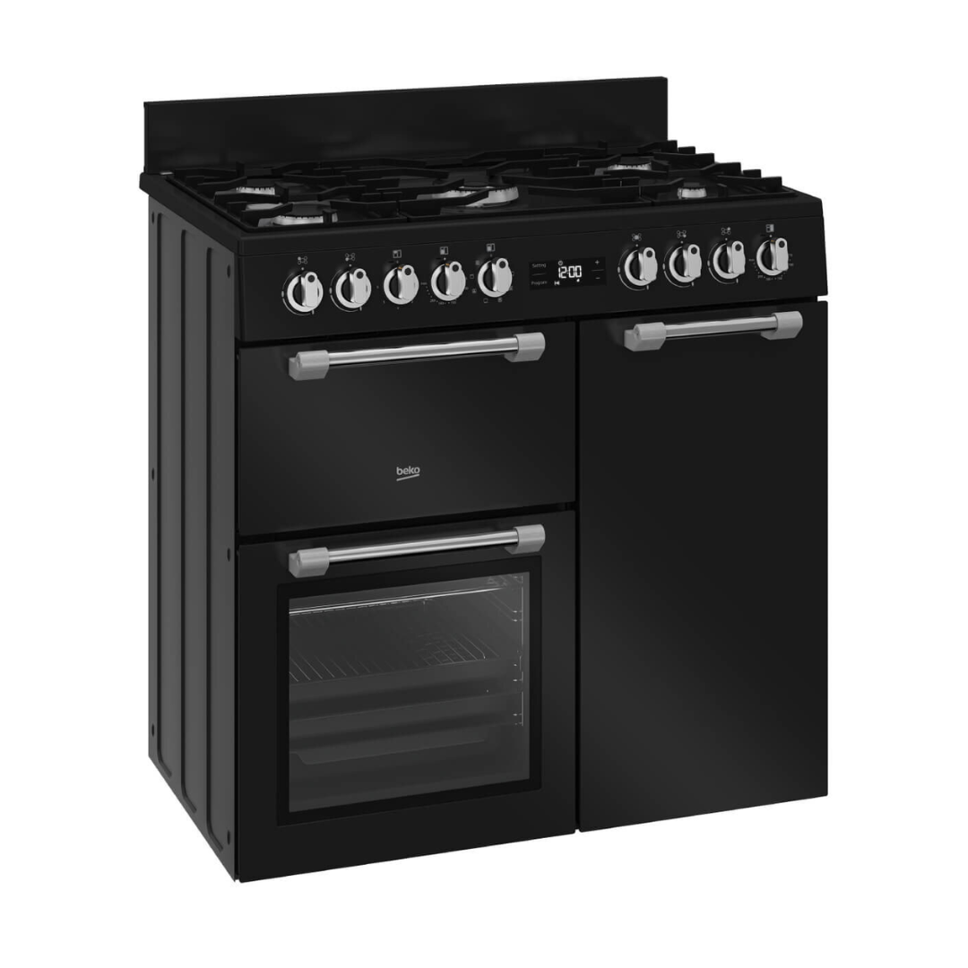 Beko 90cm dual fuel multifunctional freestanding oven in an anthracite finish  pictured at an angle