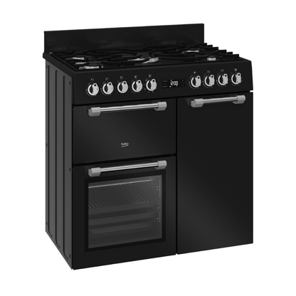 Beko 90cm dual fuel multifunctional freestanding oven in an anthracite finish  pictured at an angle