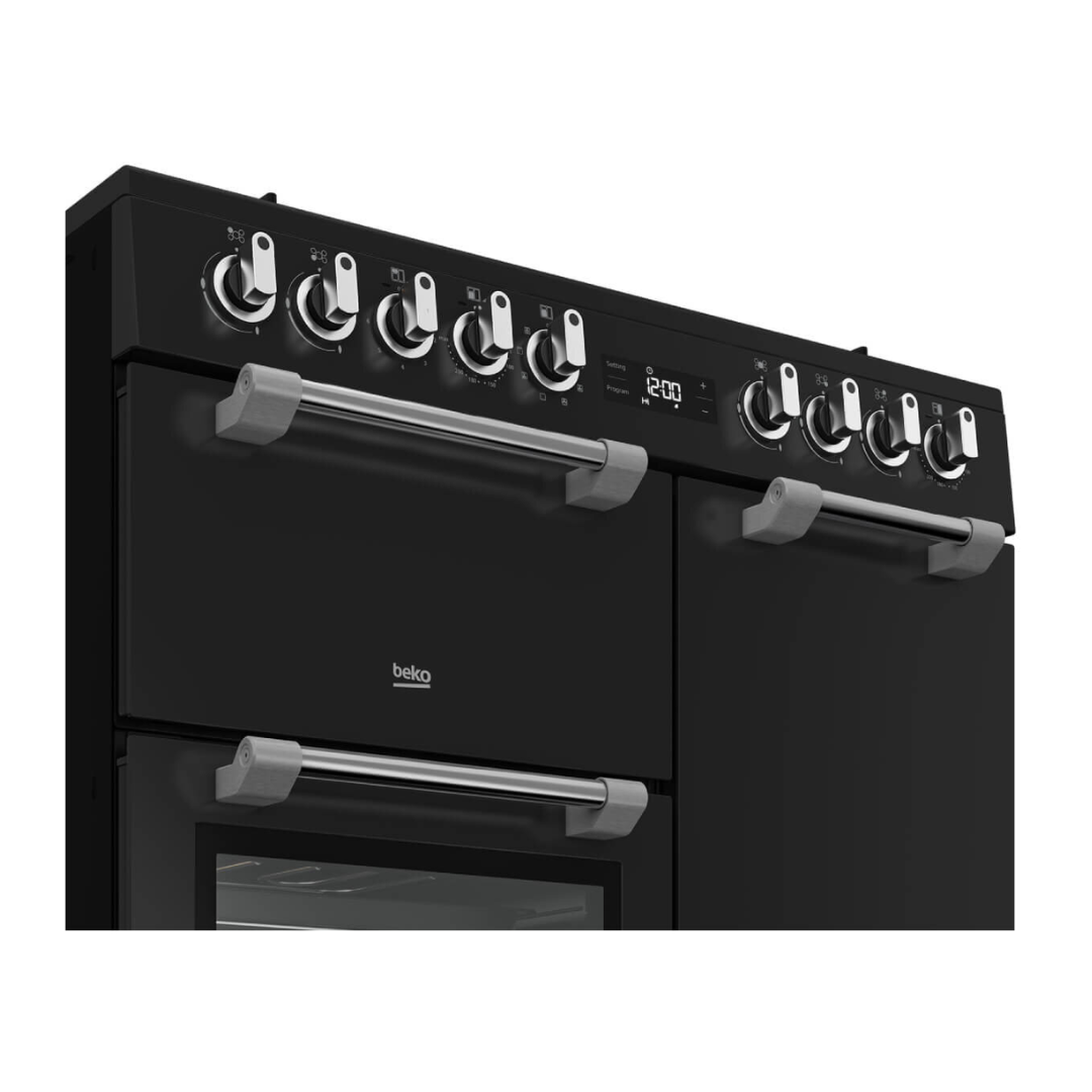Beko 90cm dual fuel multifunctional freestanding oven in an anthracite finish  showcasing it's display panel and stainless steel control knobs 