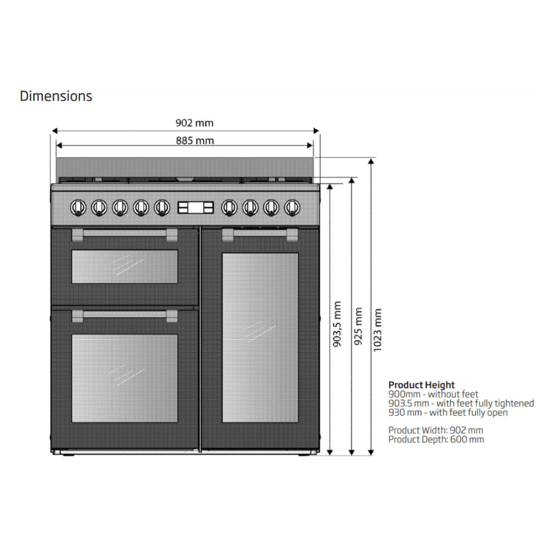 Beko 90cm dual fuel multifunctional freestanding oven in an anthracite finish  dimensions for reference