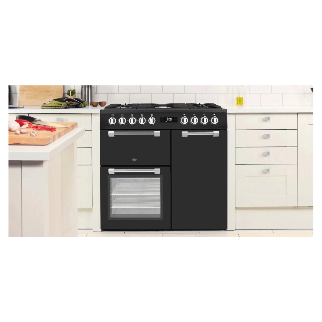 Beko 90cm dual fuel multifunctional freestanding oven in an anthracite finish  pictured in a modern kitchen setting