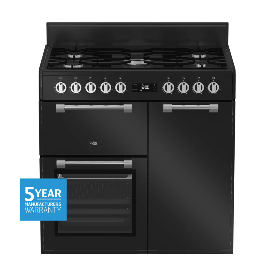 Beko 90cm dual fuel multifunctional freestanding oven in an anthracite finish  with a 5 year warranty call out 