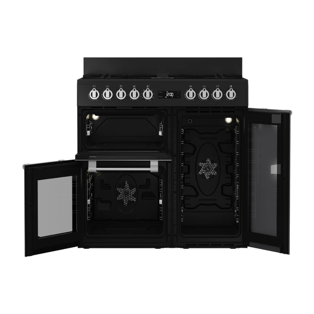 Beko 90cm dual fuel multifunctional freestanding oven in an anthracite finish  with all oven doors open