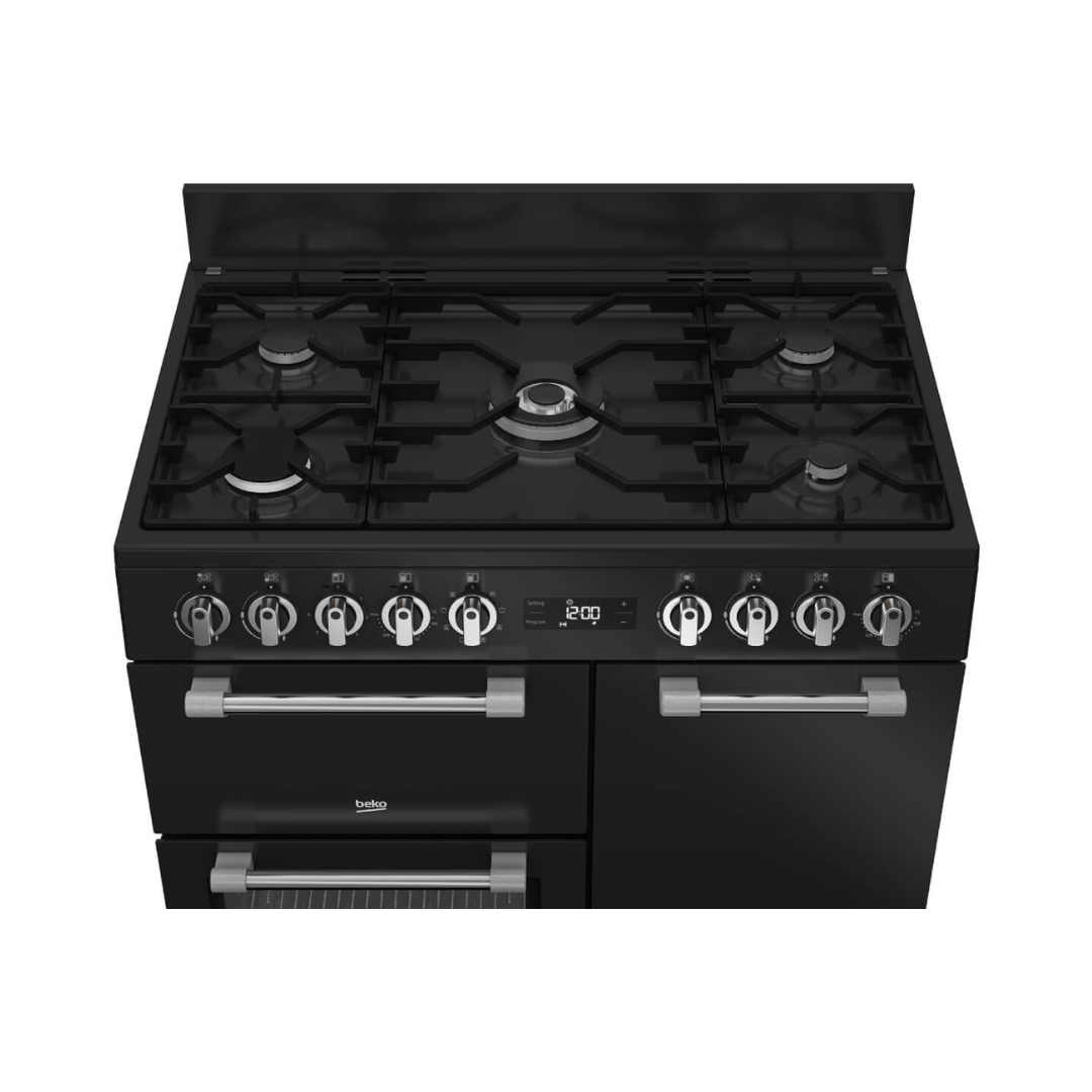 Beko 90cm dual fuel multifunctional freestanding oven in an anthracite finish pictured from a top angle showing it's burners 