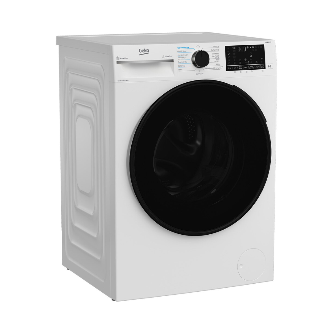 Angled view of a Beko Washer & Dryer Combo with the side panel showing. As well as the front 