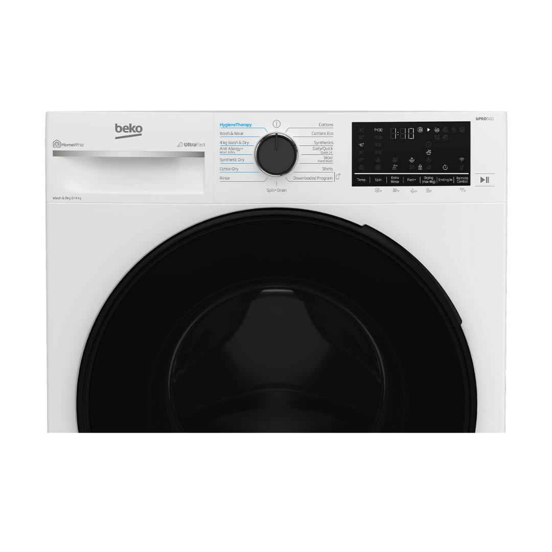 Beko washer & dryer combo control panel which features a digital display, cycle selector dial and labeled settings for different wash programs. 