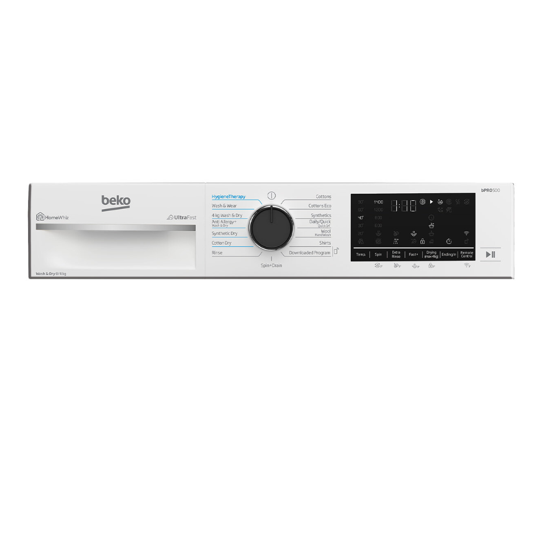 Beko Washer & Dryer control panel which features a digital display, cycle selector dial and labeled settings for various wash programs 
