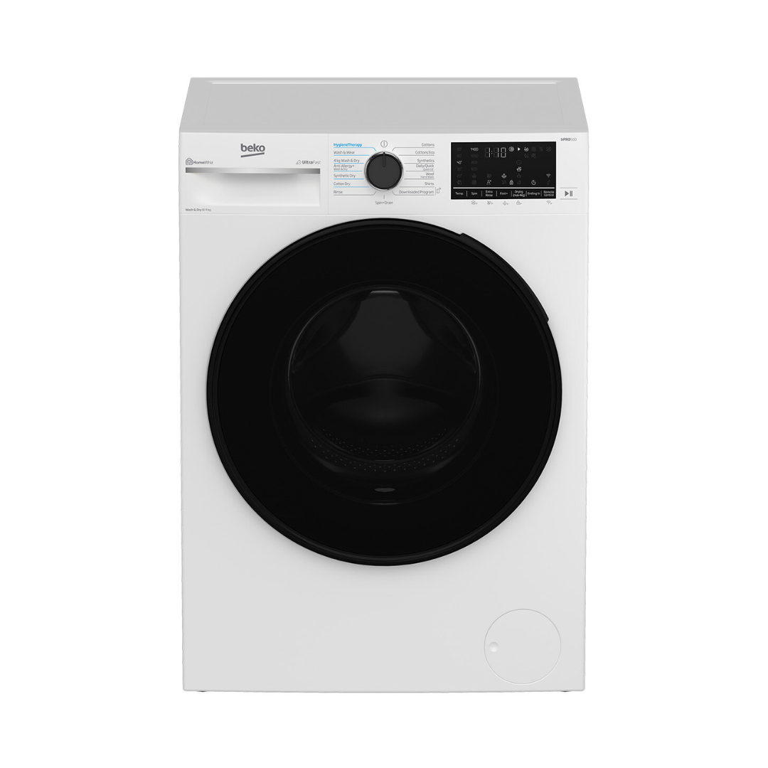 Front view of a Beko Washer & Dryer Combo. The control panel features a digital display, cycle selector dial and labeled settings for different wash programs