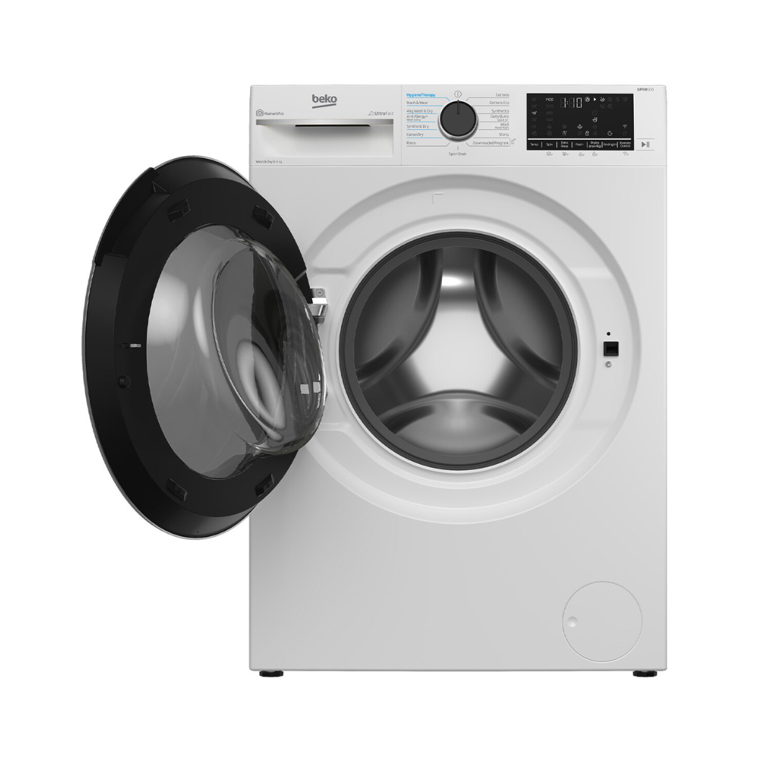 Front view of a Beko Washer & Dryer Combo, shown with the door open to reveal the stainless steel drum. The control panel features a digital display, cycle selector dial and labeled settings for various wash programs