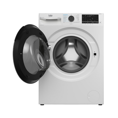 Front view of a Beko Washer & Dryer Combo, shown with the door open to reveal the stainless steel drum. The control panel features a digital display, cycle selector dial and labeled settings for various wash programs